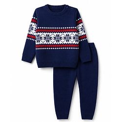 Babyhug Knit Full Sleeves Sweater Set with Abstract Design - Navy Blue
