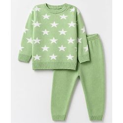 Babyhug Knit Sweater and Pant with Full Sleeves and Star Design in Limegreen