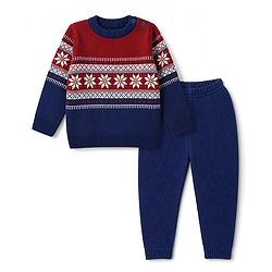 Babyhug Knit Full Sleeves Sweater Set With Floral Design - Navy
