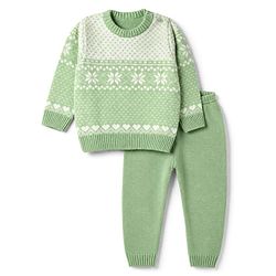 Babyhug Knit Full Sleeves Sweater Set with Floral & Heart Design - Green