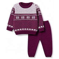 Babyhug Female Knit Full Sleeves Sweater Set with Floral & Heart Design - Wine