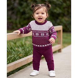Babyhug Female Knit Full Sleeves Sweater Set with Floral & Heart Design - Wine