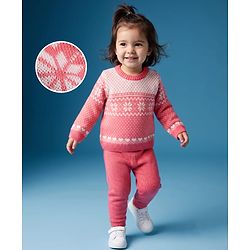 Babyhug Knit Full Sleeves Sweater Set With Floral Design - Pink