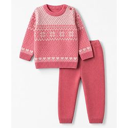 Babyhug Knit Full Sleeves Sweater Set With Floral Design - Pink