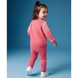 Babyhug Knit Full Sleeves Sweater Set With Floral Design - Pink