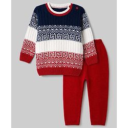 Babyhug Knit Full Sleeves Sweater Set with Geometric Design - Navy Blue