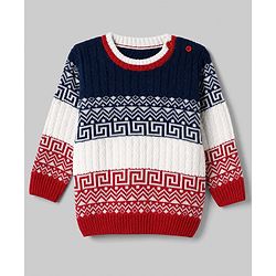 Babyhug Knit Full Sleeves Sweater Set with Geometric Design - Navy Blue