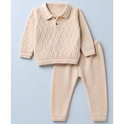Babyhug Knit Full Sleeves Sweater Set with Cable Knit Design - Beige
