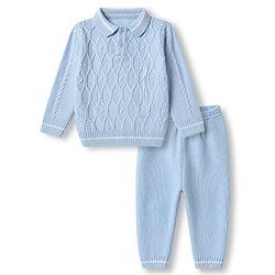 Babyhug Knit Sweater Set with Full Sleeves and Cable Knit in Light/Sky Blue for 3-6 Months