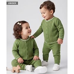 Babyhug Knit Full Sleeves Sweater Set With Cable Knit Design - Olive Green