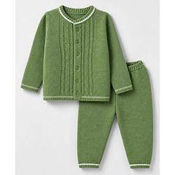 Babyhug Knit Full Sleeves Sweater Set With Cable Knit Design - Olive Green