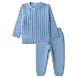 Babyhug Knit Full Sleeves Sweater Set with Cable Knit Design - Sky Blue