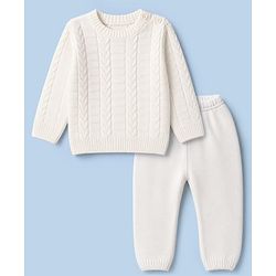 Babyhug Knit Full Sleeves Sweater Set With Cable Knit Design - White