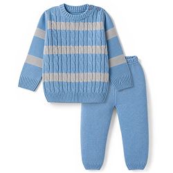 Babyhug Knit Full Sleeves Striped Sweater Set - Sky Blue