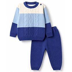 Babyhug Knit Full Sleeves Sweater Set with Color Block Design - Blue