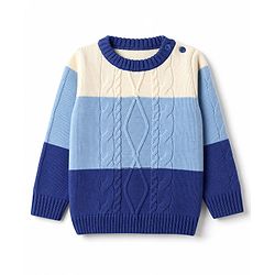 Babyhug Knit Full Sleeves Sweater Set with Color Block Design - Blue