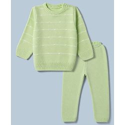 Babyhug Knit Sweater Set with Full Sleeves and Striped Design in Limegreen for 3-6 Months