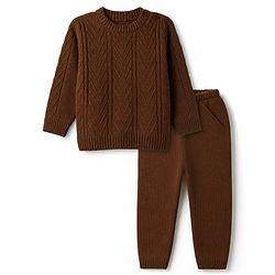Babyhug Cable Knit Full Sleeves Sweater Set - Brown