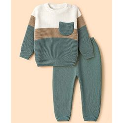 Babyhug Knit Full Sleeves Sweater Set with Color Block Design - Green
