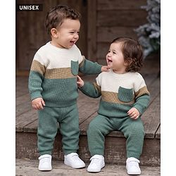 Babyhug Knit Full Sleeves Sweater Set with Color Block Design - Green