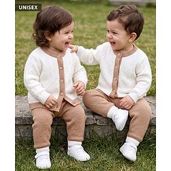 Babyhug Knit Full Sleeves Sweater Set with Cable Knit Design - White