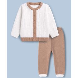 Babyhug Knit Full Sleeves Sweater Set with Cable Knit Design - White