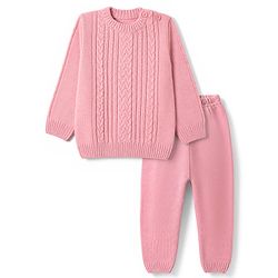 Babyhug Knit Full Sleeves Sweater Set with Cable Knit Design - Pink