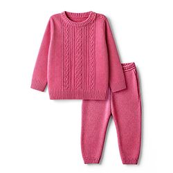 Babyhug Knit Full Sleeves Sweater Set with Cable Knit Design - Dark Pink