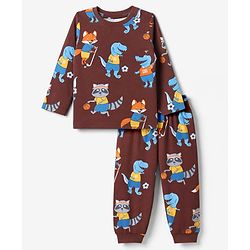 Babyhug Cotton Knit Full Sleeves T-Shirt & Pyjama Co-ords Night Suit With Animal Print - Brown
