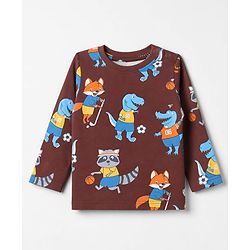 Babyhug Cotton Knit Full Sleeves T-Shirt & Pyjama Co-ords Night Suit With Animal Print - Brown