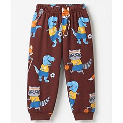 Babyhug Cotton Knit Full Sleeves T-Shirt & Pyjama Co-ords Night Suit With Animal Print - Brown