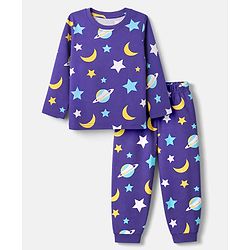 Babyhug Cotton Knit Full Sleeves T-Shirt & Pyjama Co-ords Night Suit With Space Print - Navy Blue