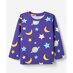 Babyhug Cotton Knit Full Sleeves T-Shirt & Pyjama Co-ords Night Suit With Space Print - Navy Blue
