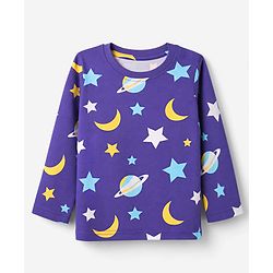 Babyhug Cotton Knit Full Sleeves T-Shirt & Pyjama Co-ords Night Suit With Space Print - Navy Blue
