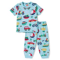 Babyhug 100% Cotton Knit Half Sleeves Co Ord T-Shirt & Pyjama Night Suit Vehicle Print - Blue