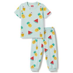 Babyhug 100% Cotton Knit Half Sleeves Tropical Theme Printed Co-Ords T-Shirt & Pyjama Night Suit - Light Blue