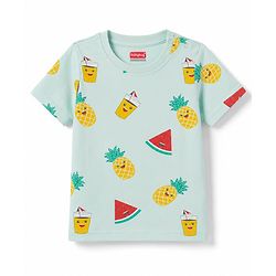 Babyhug 100% Cotton Knit Half Sleeves Tropical Theme Printed Co-Ords T-Shirt & Pyjama Night Suit - Light Blue