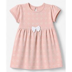 Babyhug 100% Cotton Single Jersey Knit Half Sleeves One Piece Dress With Hearts Print & Bow Applique - Peach