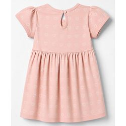 Babyhug 100% Cotton Single Jersey Knit Half Sleeves One Piece Dress With Hearts Print & Bow Applique - Peach