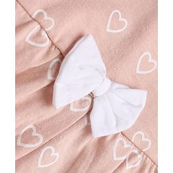 Babyhug 100% Cotton Single Jersey Knit Half Sleeves One Piece Dress With Hearts Print & Bow Applique - Peach