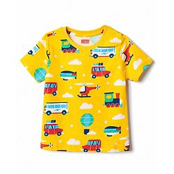 Babyhug 100% Cotton Knit Half Sleeves Co Ord T-Shirt & Pyjama Night Suit Vehicle Print - Yellow