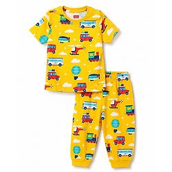 Babyhug 100% Cotton Knit Half Sleeves Co Ord T-Shirt & Pyjama Night Suit Vehicle Print - Yellow