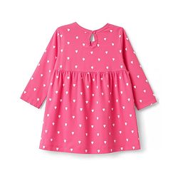 Babyhug 100% Cotton Single Jersey Knit Full Sleeves One Piece Dress with Hearts Print & Bow Applique - Pink