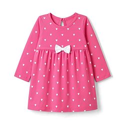 Babyhug 100% Cotton Single Jersey Knit Full Sleeves One Piece Dress with Hearts Print & Bow Applique - Pink