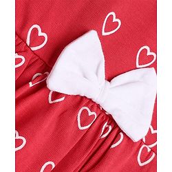 Babyhug 100% Cotton Single Jersey Knit Full Sleeves One Piece Frock With Heart Print & Bow Applique - Red