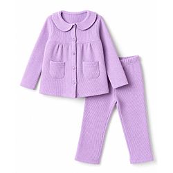 Babyhug 100% Cotton Knit Full Sleeves Co-Ords Top & Pyjama Night Suit with Pockets - Lavender