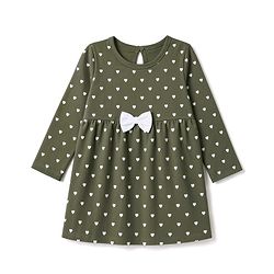 Babyhug 100% Cotton Single Jersey Knit Full Sleeves One Piece Dress with Hearts Print & Bow Applique - Green