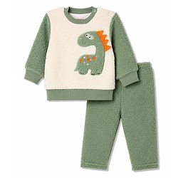 Babyhug Fur Velour Woven Full Sleeves Dino Embroidered Winter Wear Suit - Olive Green