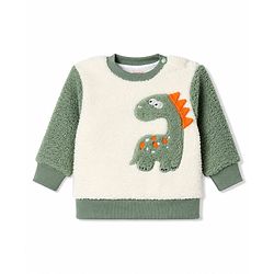 Babyhug Fur Velour Woven Full Sleeves Dino Embroidered Winter Wear Suit - Olive Green