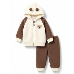Babyhug  Fur Woven Full Raglan Sleeves Hooded Winter Wear Suit Teddy Patch - White & Brown